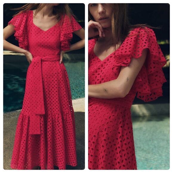 ZARA Fuchsia Openwork Embroidered Midi Dress New - Picture 2 of 7